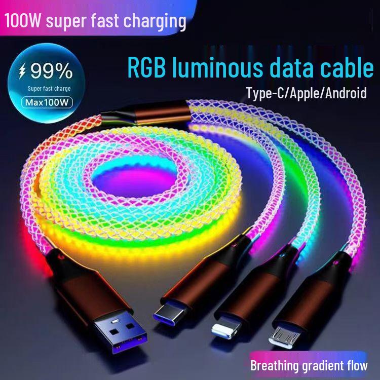 RGB Gradient Multi-Device Fast Charging Cable with Luminous Breathing Light for Huawei & Apple