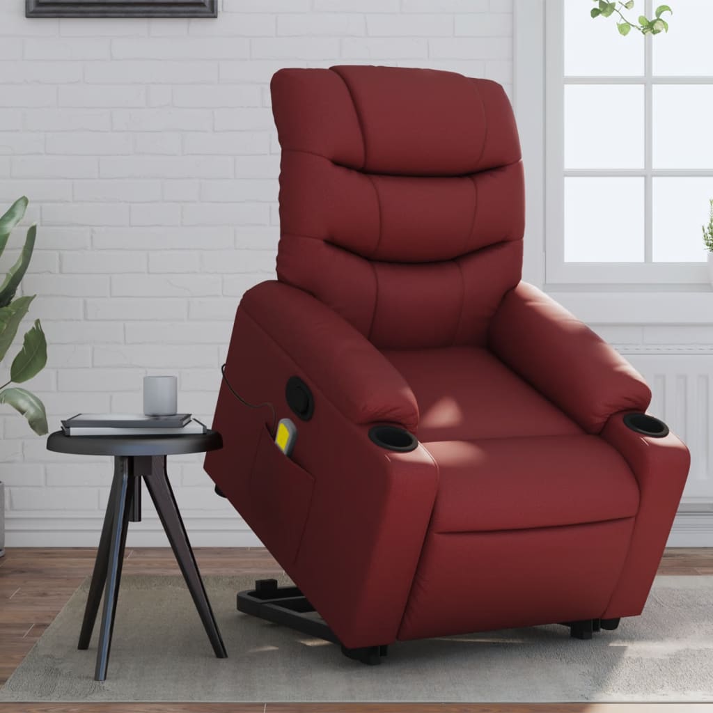 Massage Recliner with Rising Function Burgundy Artificial Leather