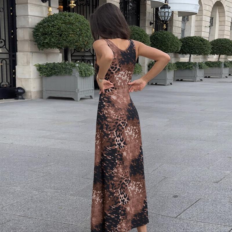 Sommer Leopardenmuster Ärmellos Lässig Spaghetti-Träger Schlauchkleid Elegant Damen A-Linie Party Langes Slipkleid Mode Slim Fit Streetstyle Kleidung