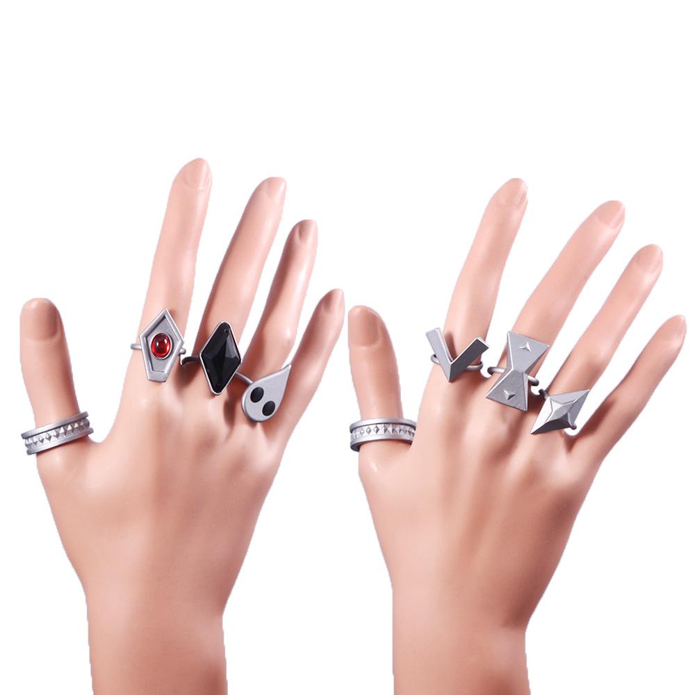 Neues 7-teiliges/Set Anime Genshin Impact Hu Tao Cosplay Ringe Verstellbarer Metall Neun Säulen der geheimen Reue Ring Requisiten Schmuck