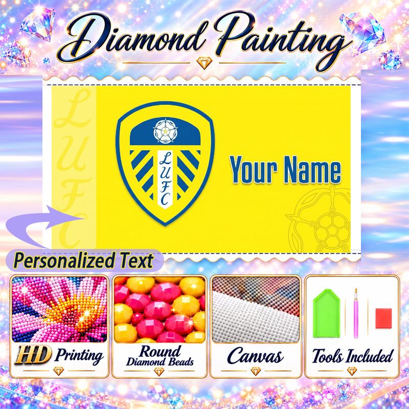 Leeds United FC 5D DIY Diamond Painting Custom Name Text, Full Drill Rhinestone Mosaic Art Home Gift