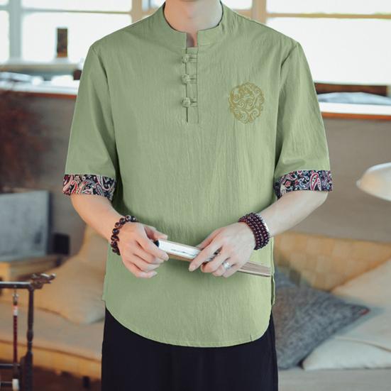 Pánské tričko s stojáčkem, čínský vintage styl, jednobarevný tištěný vyšívaný volný poloviční rukáv, měkké, plus velikost