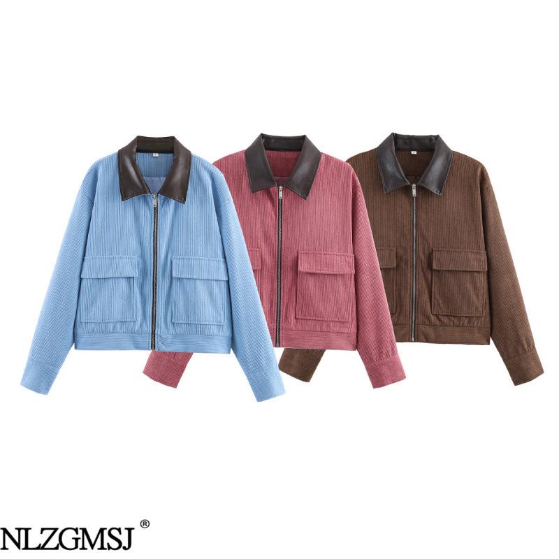 2026 Spring Fashion: European & American Style Corduroy Patchwork Jacket with Leather Collar - Available in 3 Colors