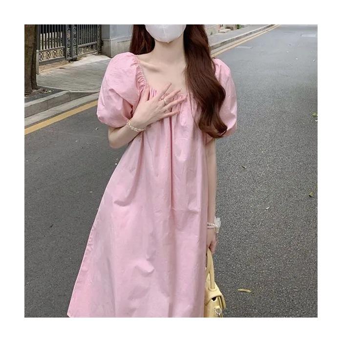 French square collar dress women's summer new design sense niche bubble short sleeve gentle wind skirt
