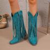 Retro Rivet Tassels Long Boots Fringe Western Cowboy Boots Women 2025 Vintage Woman Chunky Heels Casual Boot Slip on Shoes Femal
