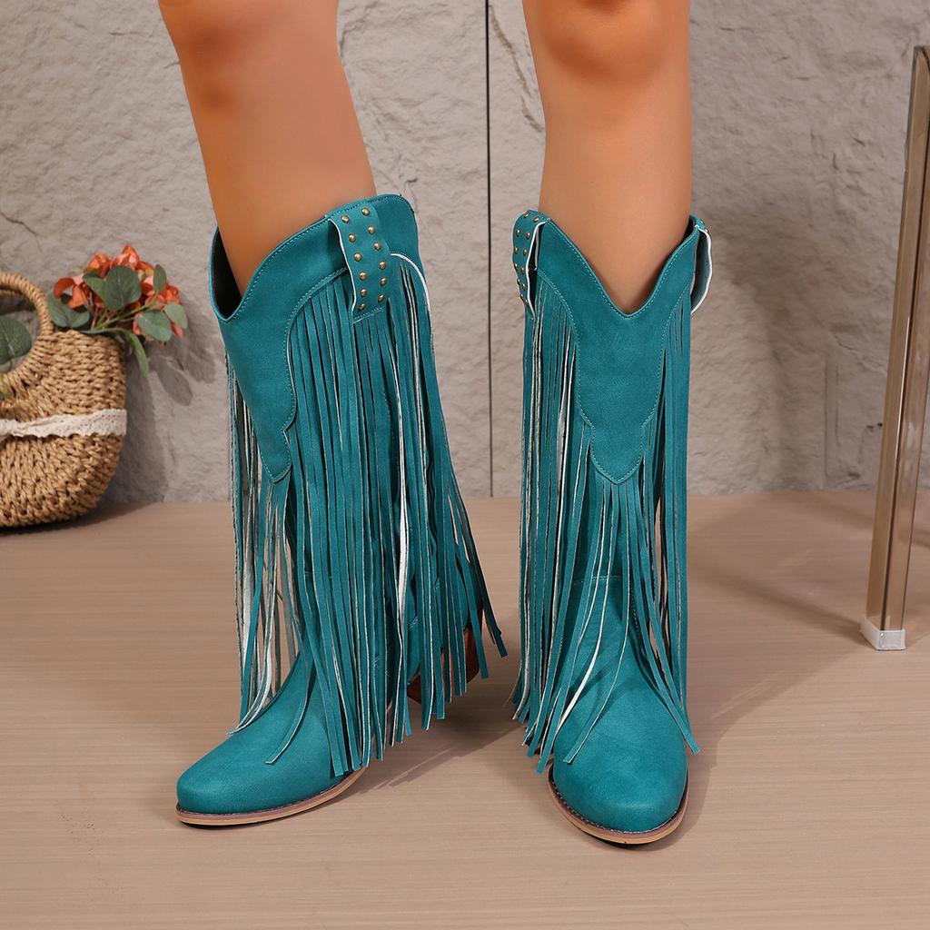 Retro Rivet Tassels Long Boots Fringe Western Cowboy Boots Women 2025 Vintage Woman Chunky Heels Casual Boot Slip on Shoes Femal