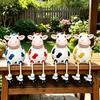 Cow Figurine Resin Statue, Cute Shelf Sitter with Dangling Rope Legs, Garden Decor for Patio Cartoon Farmhouse Animal Ornament Fence Railing, Planter,