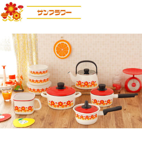 Fuji Horo Round Enamel Storage Container, 18cm, Showa Retro Memories Sunflower Design, FJ-18CF SF