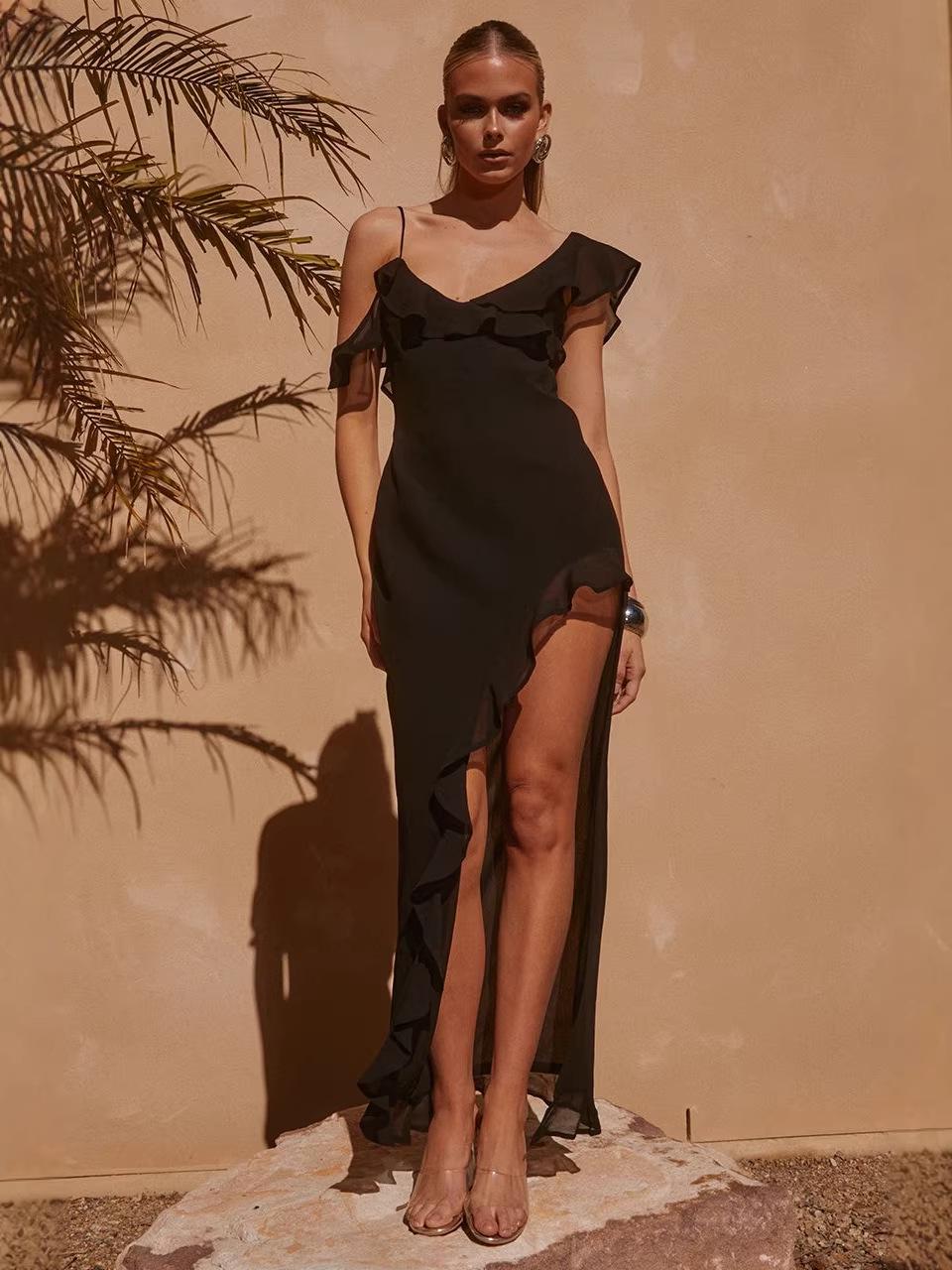 Европейское и американское шифоновое платье с оборками на тонких бретельках - Сексуальное черное с разрезом, средней длины, для женщин Extra Large чёрный