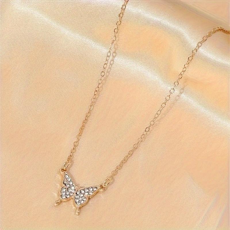 Elegant Rhinestone Butterfly Pendant Necklace Simple Thin Metal Chain Choker Necklace Women's Trendy Party Neck Zircon