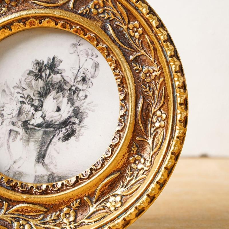 Elegant Resin Circular Picture Frame Antique Bronze Gold Florals Carving Photo Frame For Home Decoration And Desktop Display