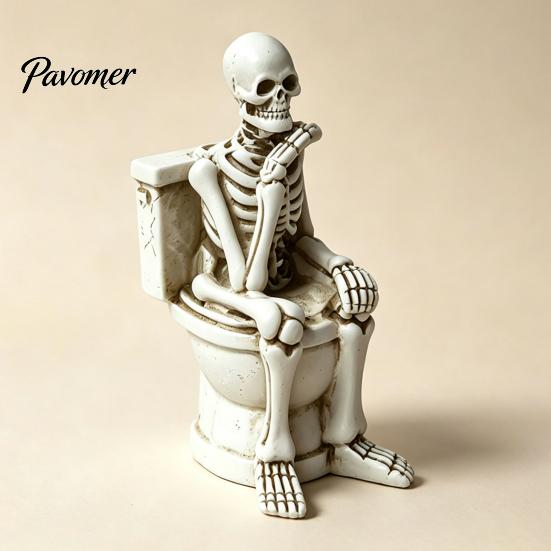 Halloween Statue Skeleton on Toilet Figurine, Funny Gothic Bathroom Statue, Spooky Creepy Home Accents Resin Ornament for Office Shelf Desk Decor Aged
