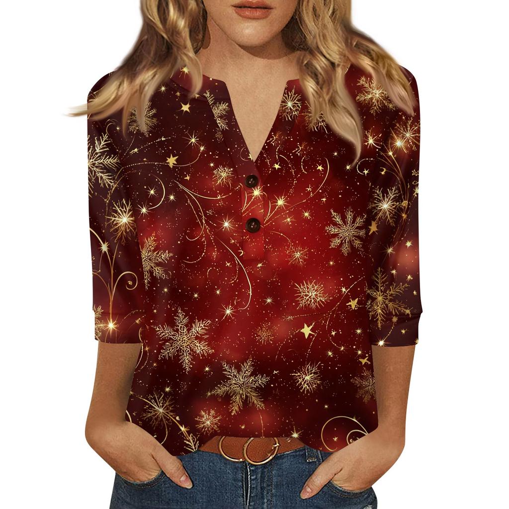 Women's T Shirt Christmas Print Button 3/4 Sleeve Daily Weekend Fashion Basic V- Neck Regular Top