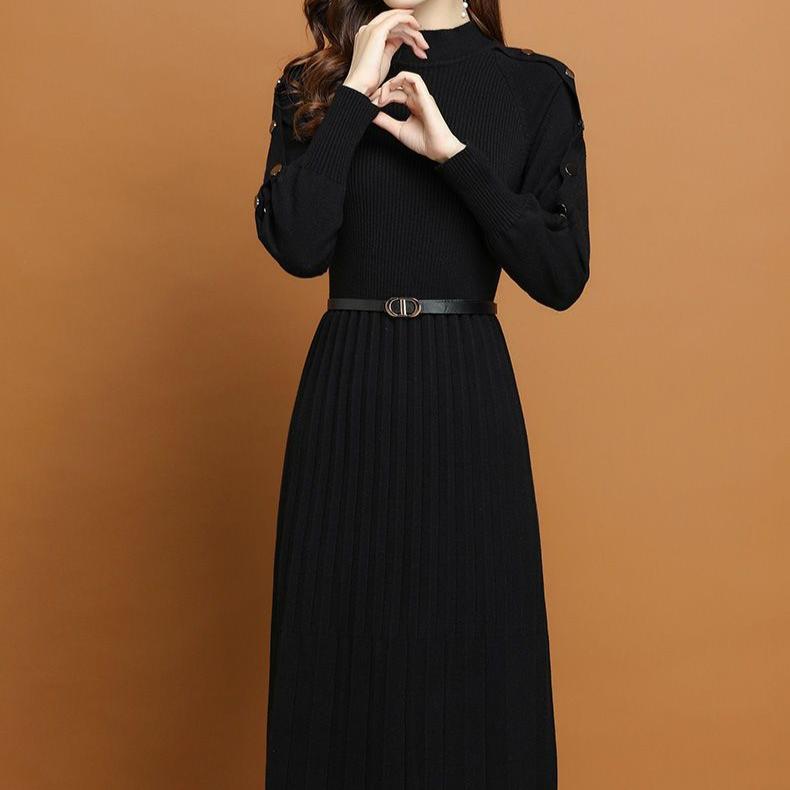 Autumn and Winter Innerwear Dresses Women's Long-sleeved Mid-length Knitted Dress Base Casual Sweater Dress Pullover