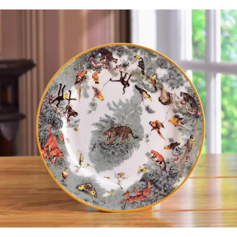 Nádobí Zvířata deštného pralesa, Jídelní talíře z kostního porcelánu, Plochý dezertní podnos, Talíř na dort, Šálek s podšálkem, Domácí kuchyňské potřeby