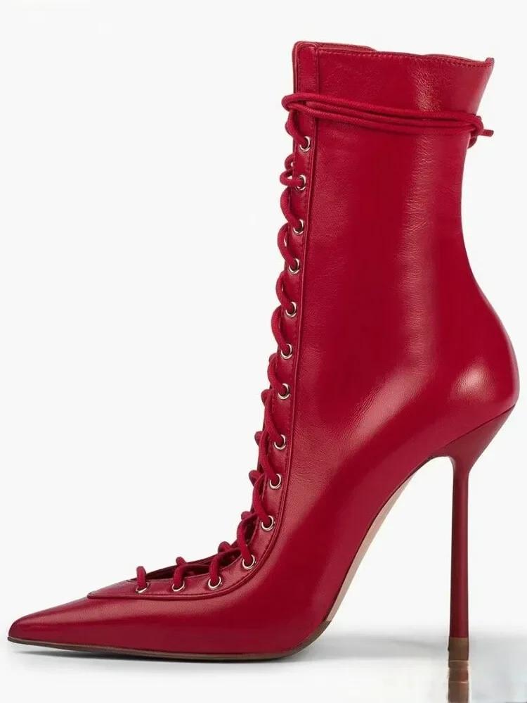 2025 Vår/Sommer Ny Snøring Korte Kule Støvletter Sideglidelås Bankett Slim Fit Høy Hæl Sexy Knelange Damestøvletter