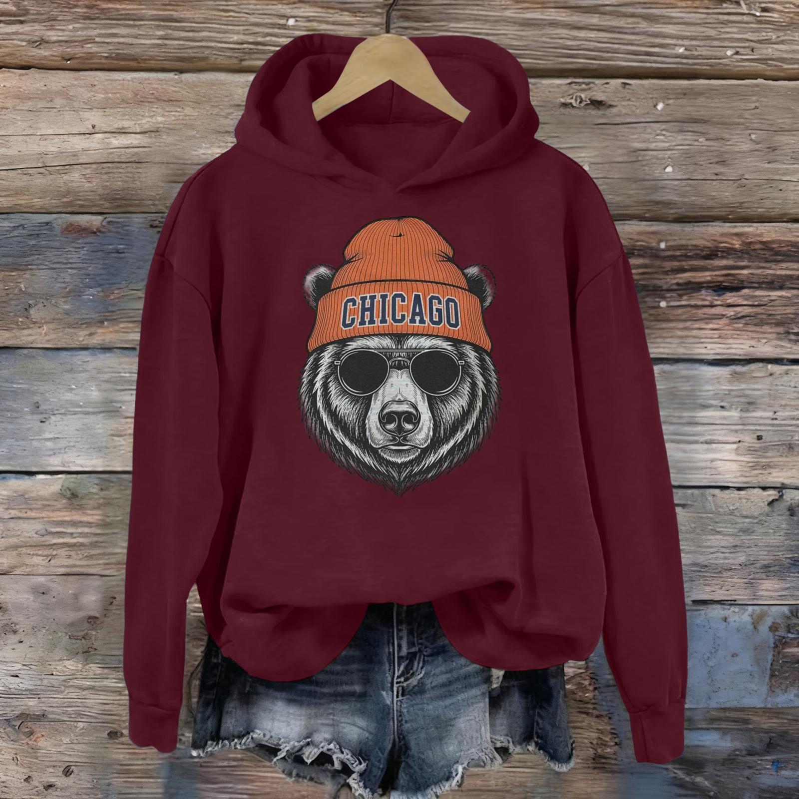 Women s Printed Casual Long Sleeve Hooded Sweatshirt Top L винный