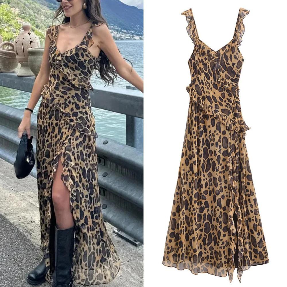 

Сексуальное шифоновое длинное платье с леопардовым принтом, женское летнее элегантное платье с разрезом спереди, мода 2024, элегантное вечернее платье Mujer Vestidos