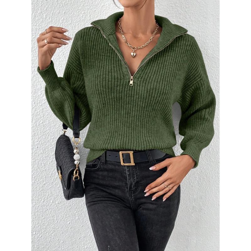 Harajuku Jednobarevný Svetr na Zip s Polo Límcem Podzim Zima Ležérní Volné Pletené Svetry Topy Dámský Zesílený Spodní Pulovr