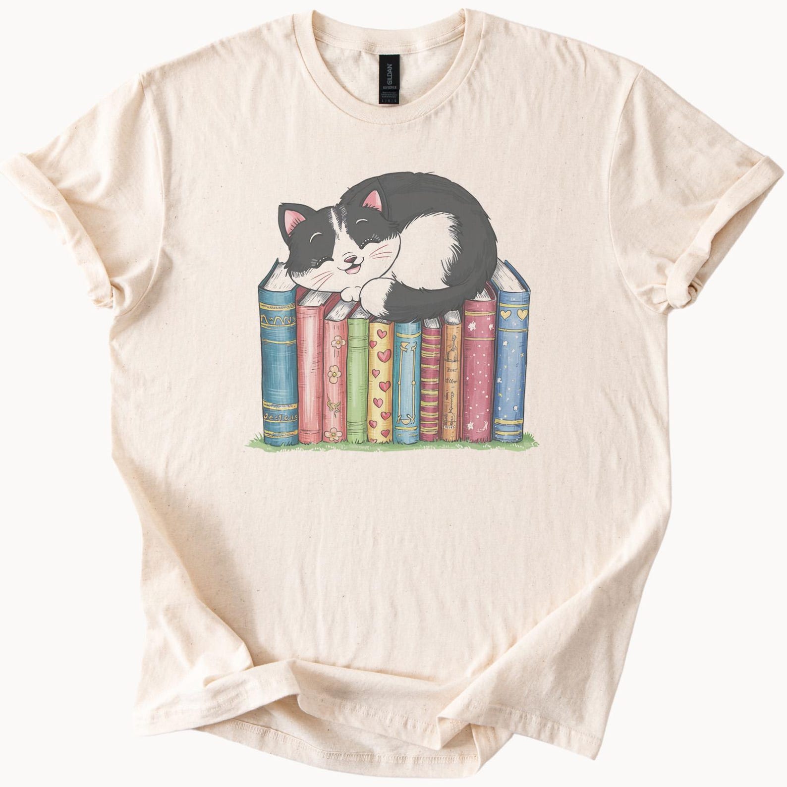 Cute Cat Sleeping on Colorful Books Graphic Tee Cat Lover Shirt Bookworm Gift Reading Cat Shirt Cozy Book Stack Cat and Books T Shirt 120