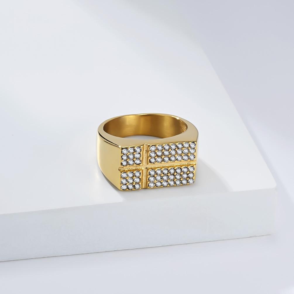 Hiphop Stainless Steel Shinny Zircon Cross Ring for Men PVD Gold Plated Jewelry