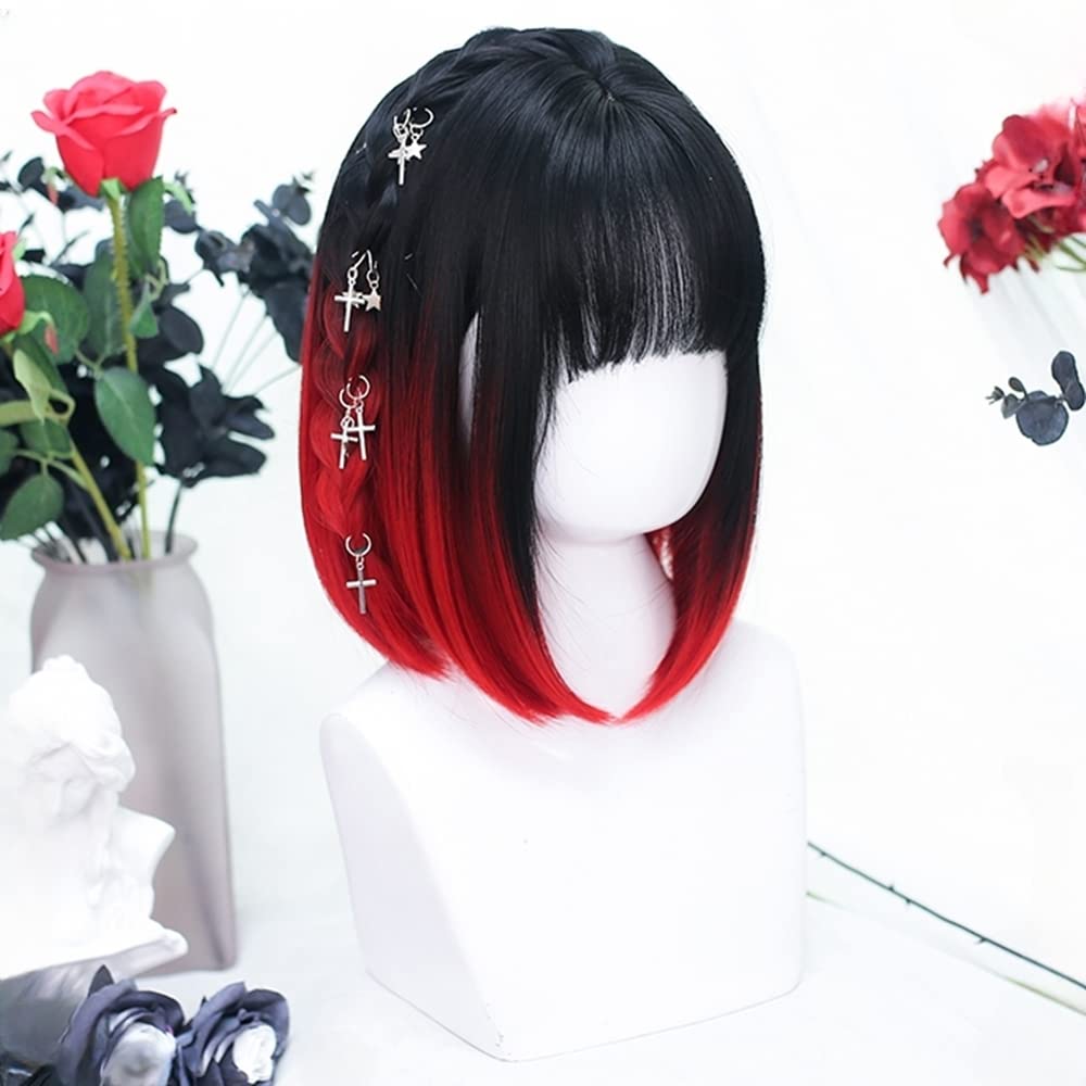 Straight Full Wig, Bob, Mori Girl, Dreamy, Cute, Heat-resistant, Semi-long, Cosplay, Lolita Style, Everyday Wear, Black and Red Gradient Wig