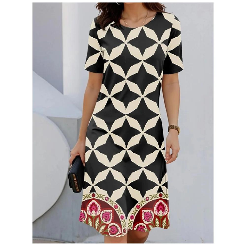 Color Conflict Women's Dress Short-sleeved Dress 3d Floral Print Party Street Wear Elegant Pullover Summer Casual Loose Dress