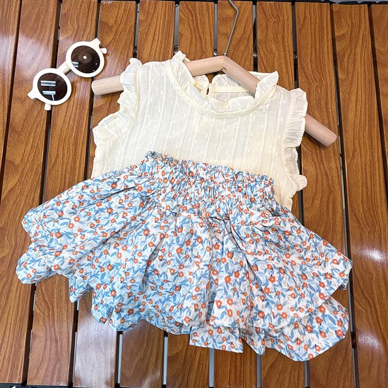 Girls Summer Floral Jacquard Skort Set Stylish Korean Baby Two Piece Outfit 80