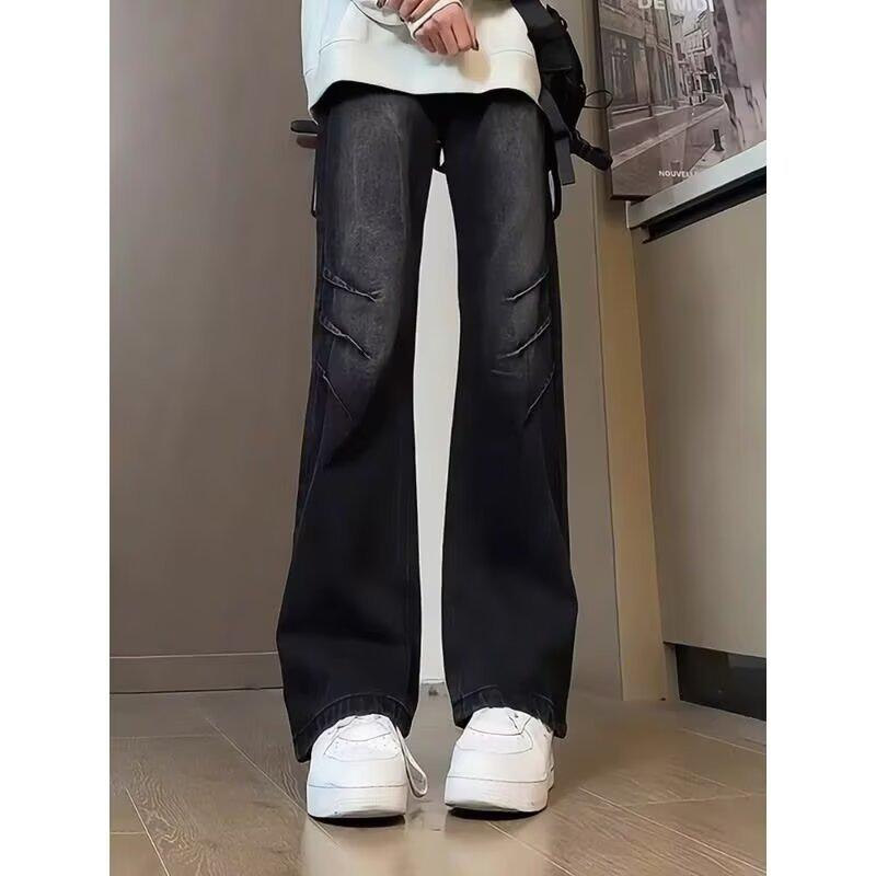 American retro washed dark blue jeans men's scimitar vibe pants high street handsome casual straight micro-pull pants