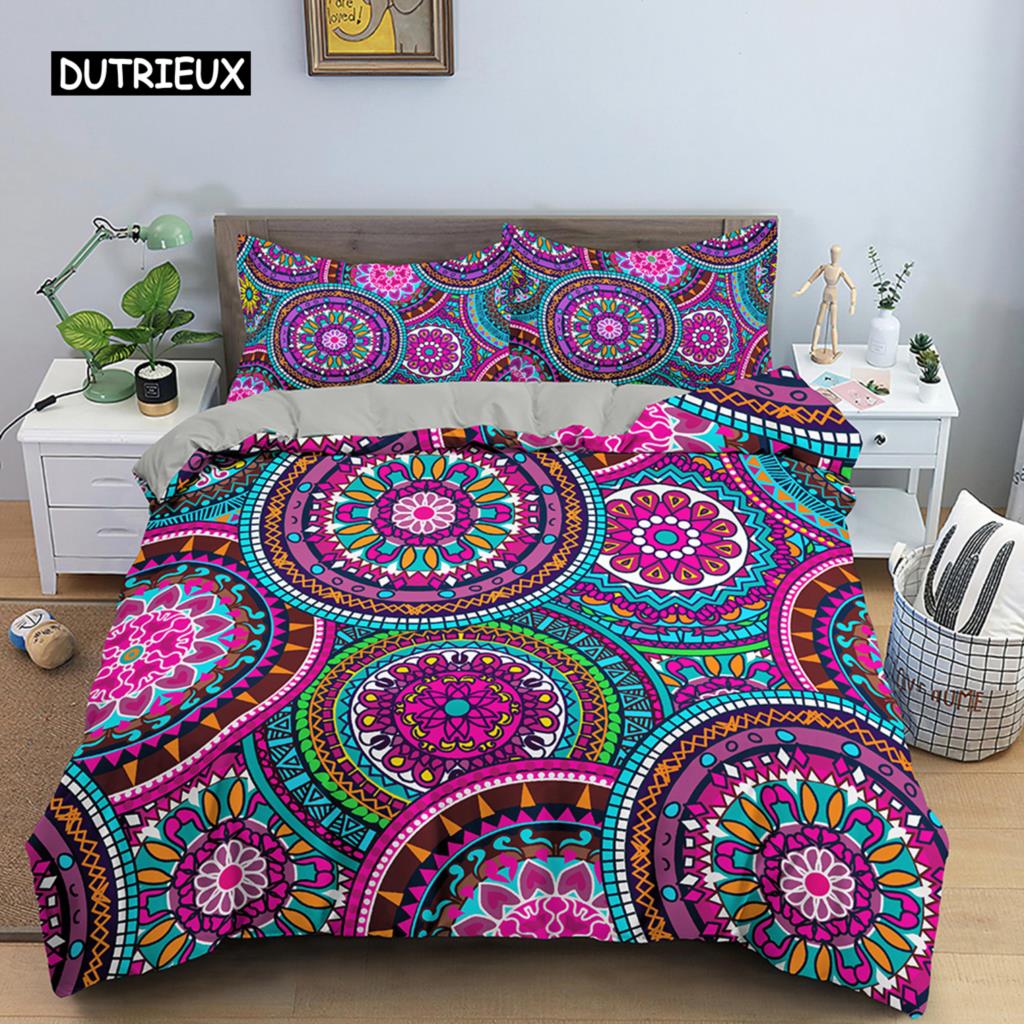 Mandala Duvet Cover Set King Polyester Tie Dye Paisley Quilt Cover Purple Boho Hippie Trippy Floral Exotic Style Bedding Set