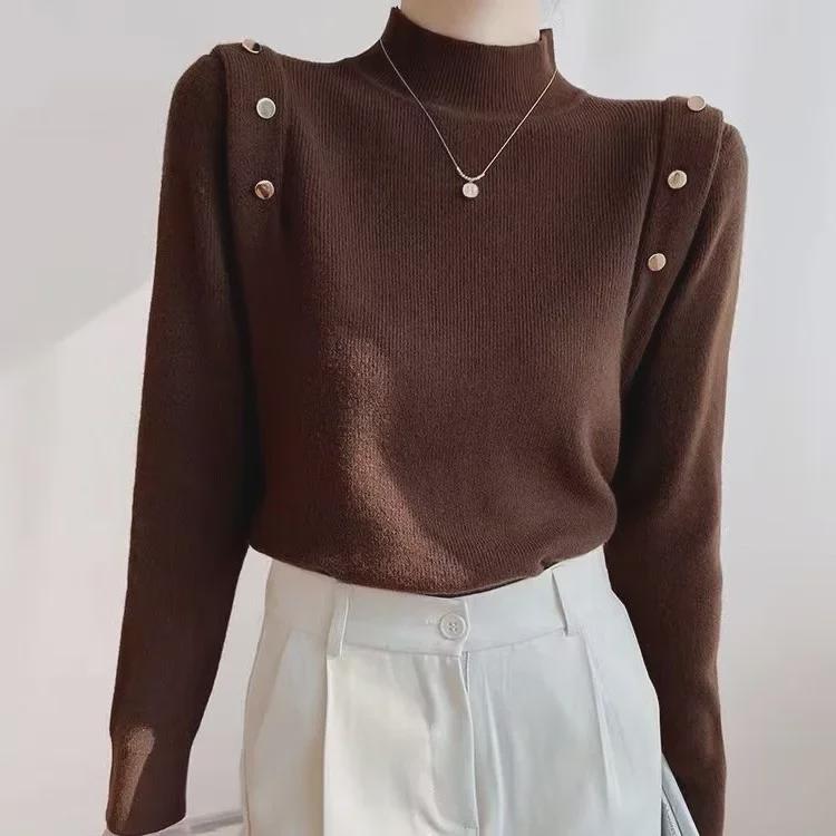 Women's Slim Fit Black Knitted Sweater - Medium High Neck, Autumn & Winter Base Layer