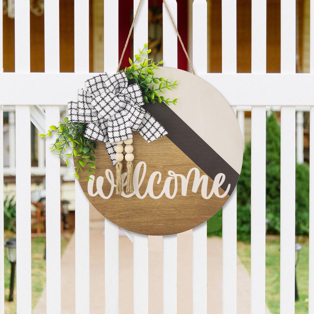 And Black Whimsical White Bow Door Decor Wreath With Rustic Wooden Beads Tassels And