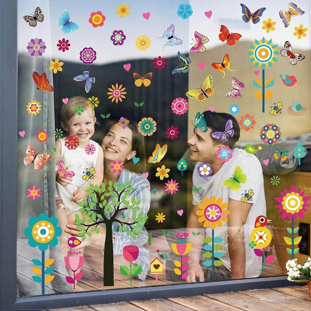 148 Pcs Spring Summer Window Stickers, 9 Sheets Flower Butterfly Tree Sunflower Window Stickers Window Decals for Glass for Summer Spring Decoration H