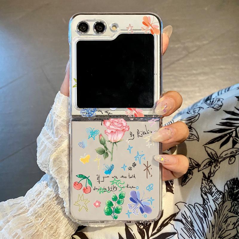 Flower Pattern Clear Phone Case For Samsung Galaxy Z Flip5 Flip4 Flip6 Transparent Hard Folding Cover For Samsung Z Flip 6 5 4 3