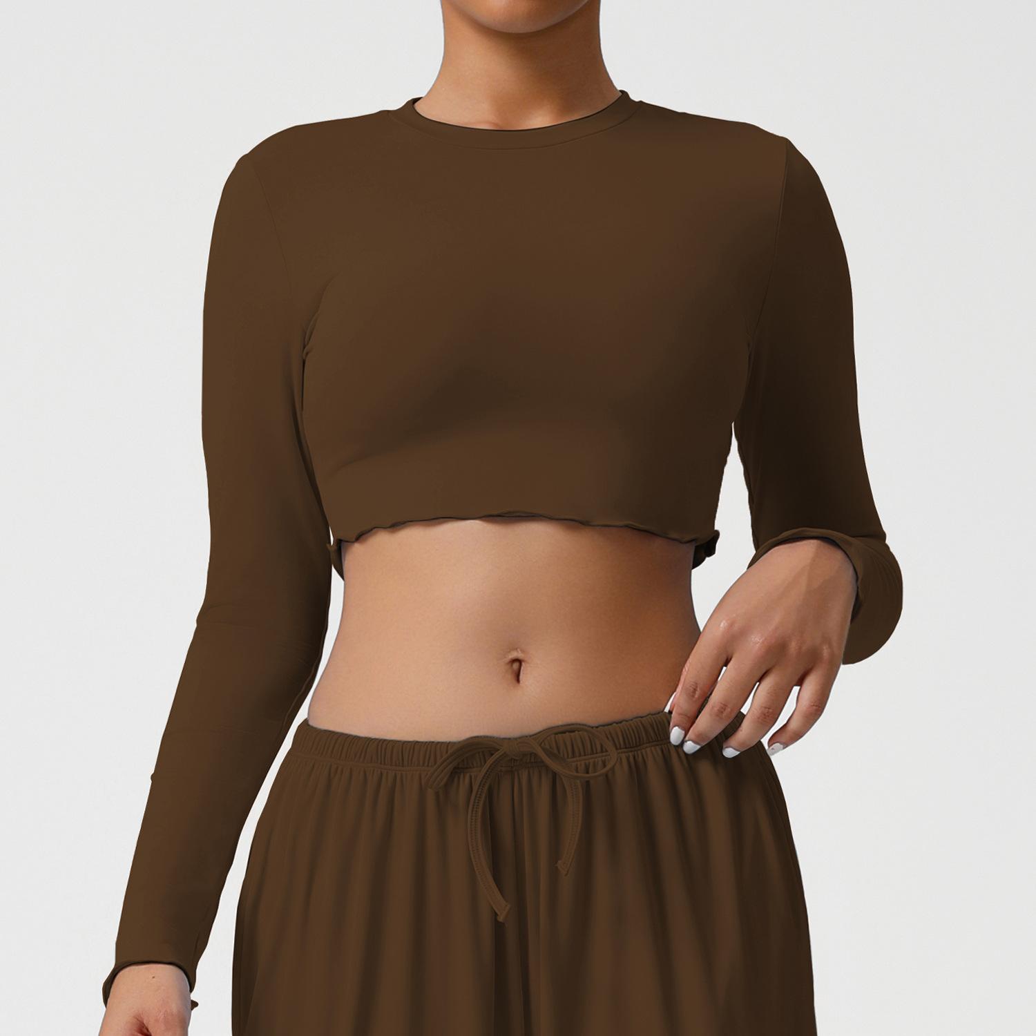 Women s Round Neck Long Sleeve Ruffled Hem Crop Top Workout T-Shirt S коричневый