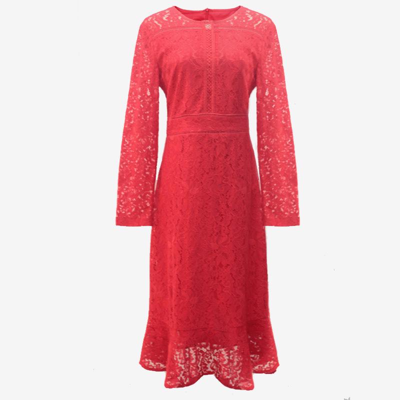 

Красное кружевное платье миди с облегающим талию силуэтом «рыбий хвост» на китайский Новый год - Большой размер, универсальное для весны/осени XL красный