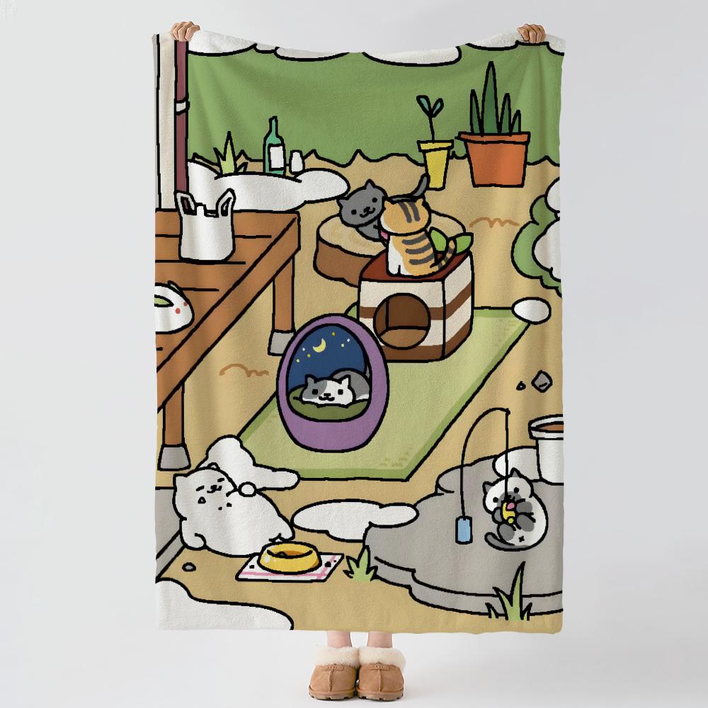 Game N-Neko Atsume-e Throw Thick Comfort Flannel Quilt, Multi-scene Use Indoor Outdoor Daily Nap