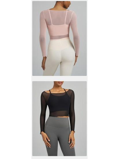 Joomon Mesh Yoga Set: Two-Piece Long Sleeve Quick-Dry Camisole with Integrated Cup Sports Bra