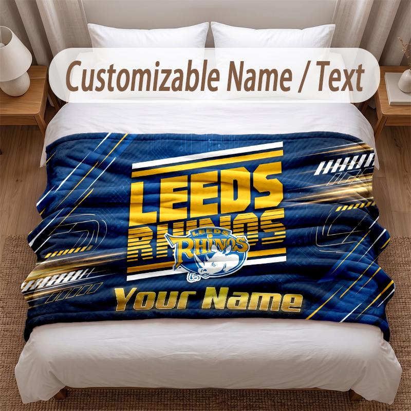 Leeds Rhinos Bedruckte Flanelldecke Benutzerdefinierter Name Text Weiche Warme Decke für Schlafzimmer Feiertagsgeschenk