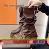 Botas Plataforma de Salto Grosso Estilo Britânico Feminino, Botins Martin Meia-Canela Retrô Outono 2024