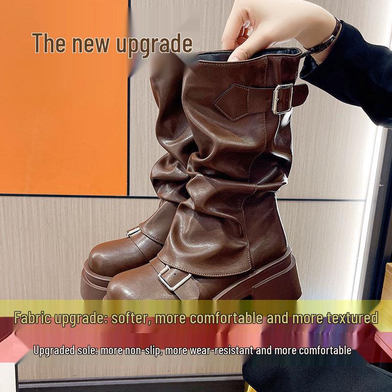 Women s Retro Maillard Mid-Calf Boots, Autumn 2024, British Style, Thick Sole, Height Boost, Brown. 37