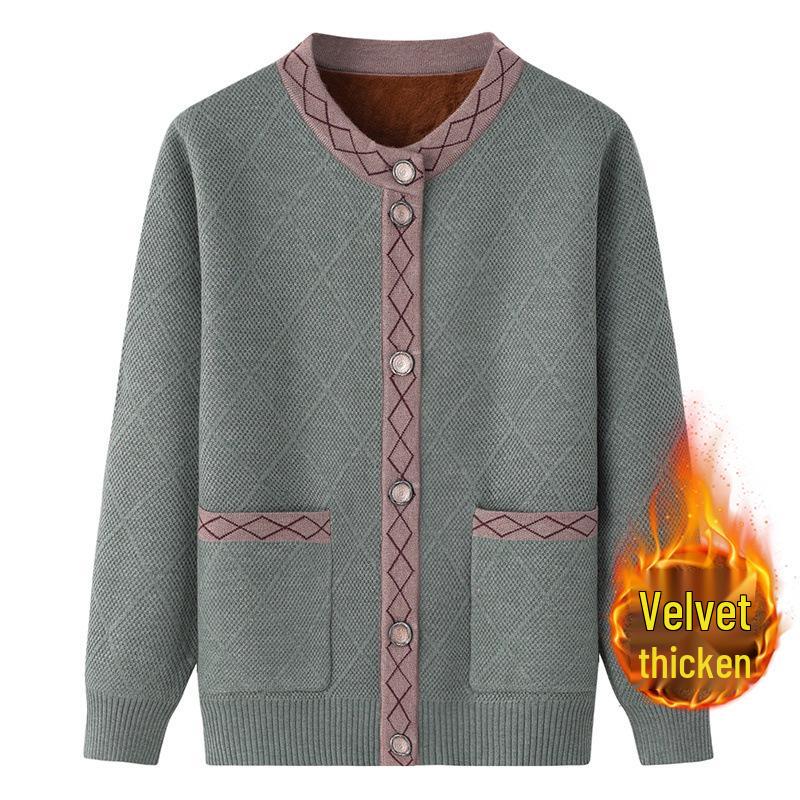 Women's Fleece-Lined Knitted Cardigan for Autumn/Winter - Ideal for Middle-Aged and Elderly.