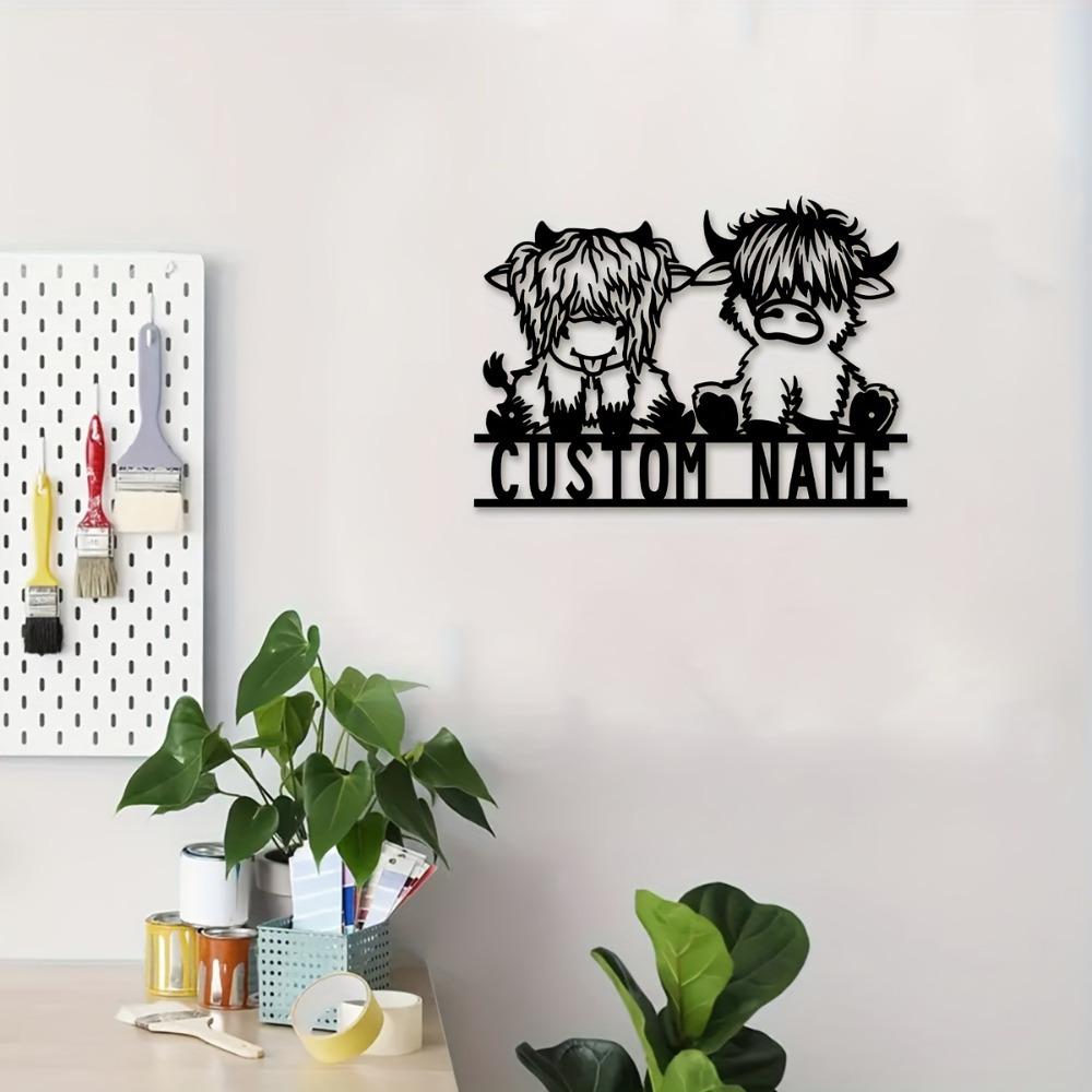 1pc Custom Highland Cow Metal Wall Art, Personalized Name Sign, Rustic Decor for Home, Balcony, Office, Gift, Wall Sculpture.