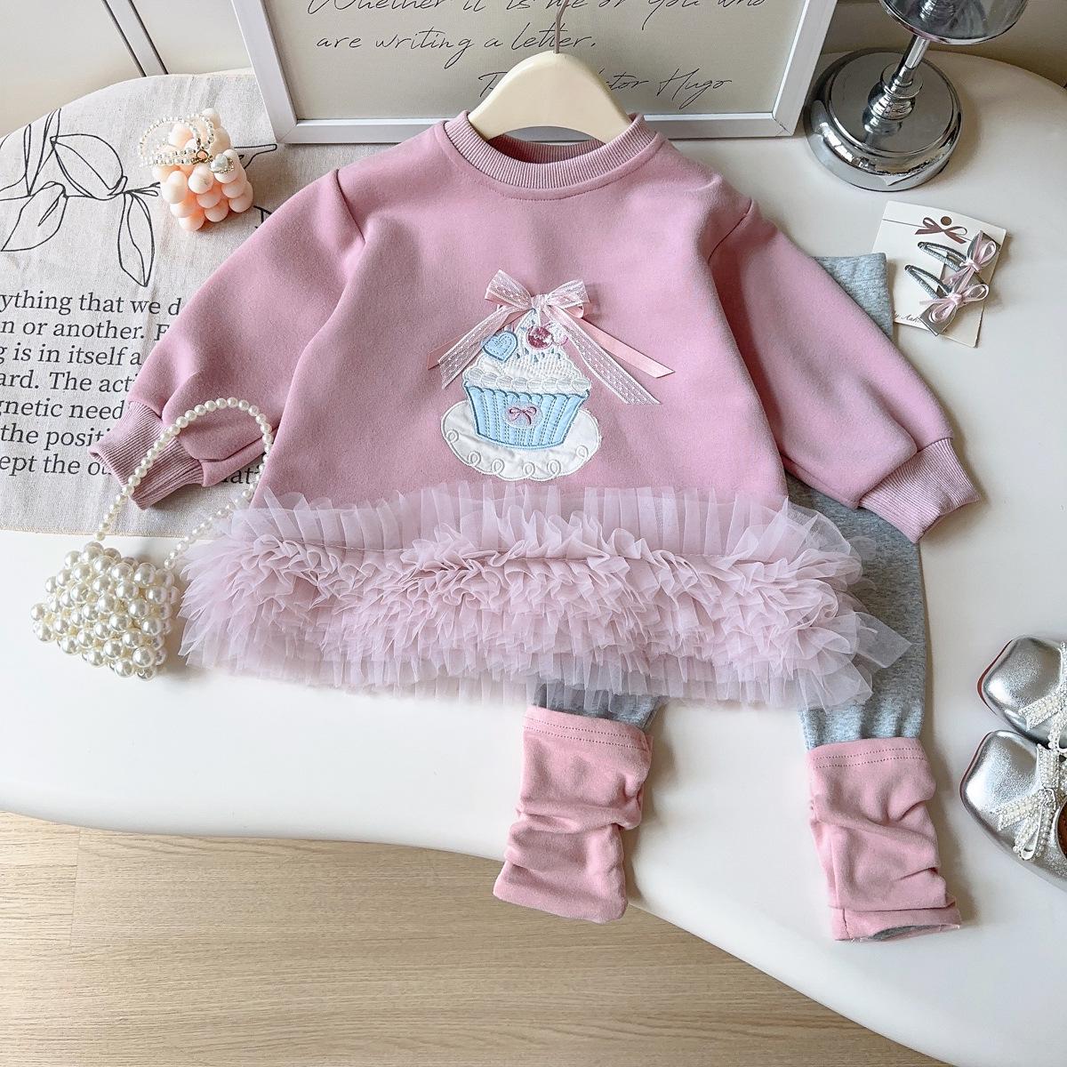 

Korean Style Autumn Girls Mesh Sweatshirt Dress & Leggings Set 90cm