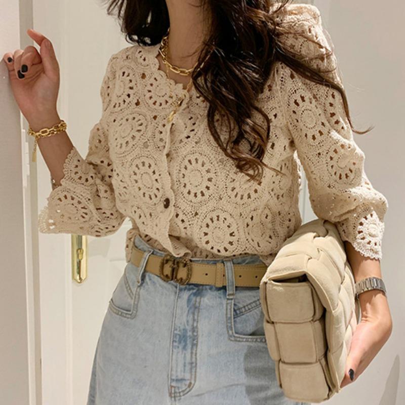 

Корейская мода ажурная вязаная крючком блузка топ элегантная свободная рубашка с рукавом три четверти тонкая женская повседневная простая одежда с V-образным вырезом 2240 One Size абрикосовый