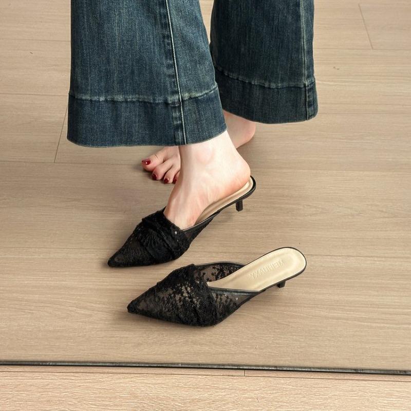 White Embroidery Lace Heels Mule Slide Woman Point Toe Stiletto Bride Shoes Ladies Elegant Wedding Party Dress Pumps New Popular