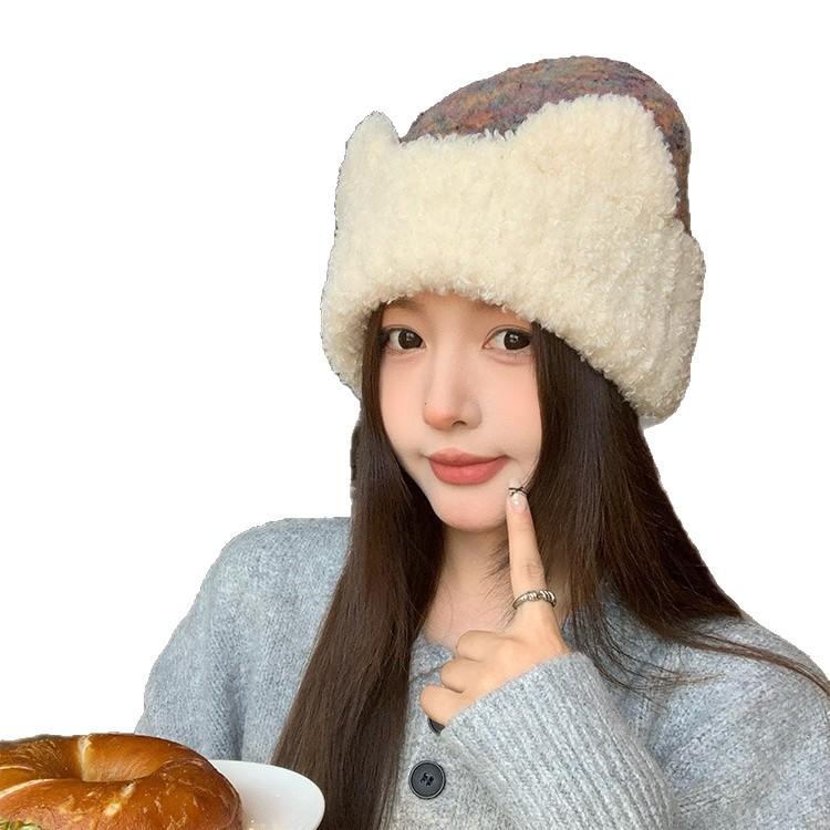 Cute Cat Ears Mixed Color Plush Knitted Hat for Women In Autumn and Winter Sweet Face-showing Small Woolen Hat Warm Ear Protection Hat