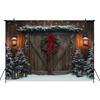 Mocsicka Photography Background Christmas Decor Photo Backdrop Green Xmas Tree Vintage Wooden House Door Pattern Shooting Banner