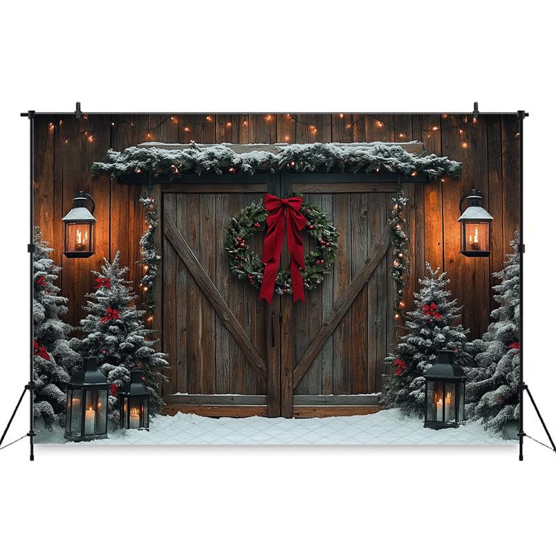Mocsicka Photography Background Christmas Decor Photo Backdrop Green Xmas Tree Vintage Wooden House Door Pattern Shooting Banner