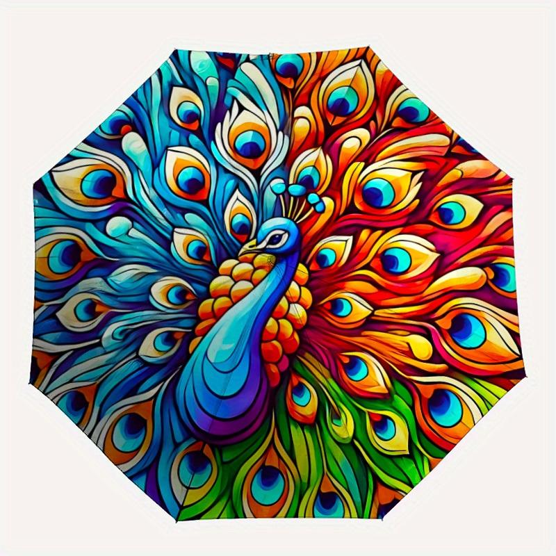 1pc Peacock Feather Print Automatic Open/close Folding Umbrella, Compact Portable Travel Umbrella,Durable Construction yy250814154